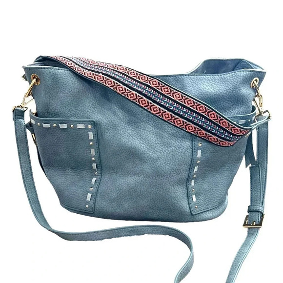 Steve Madden Blue Faux Leather Aztec Strap Hobo Bag